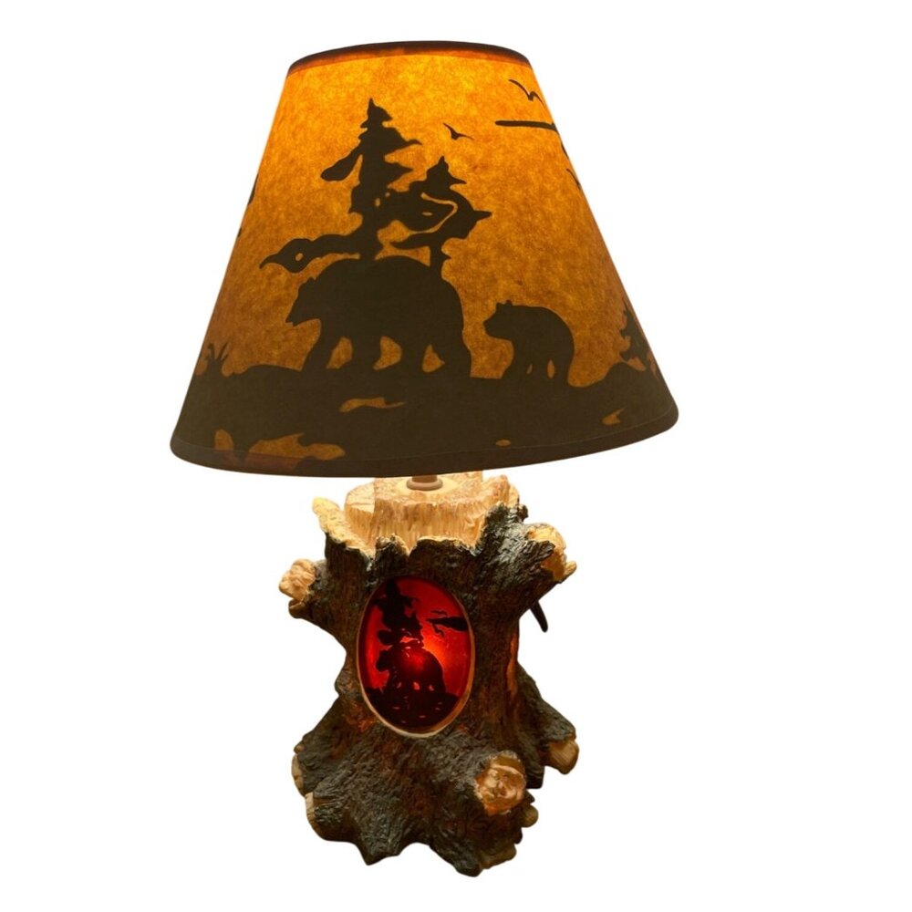Rustic Tree Table Lamp w Bear Scene Cutouts Amber Glow Shade Lodge Cabin Decor